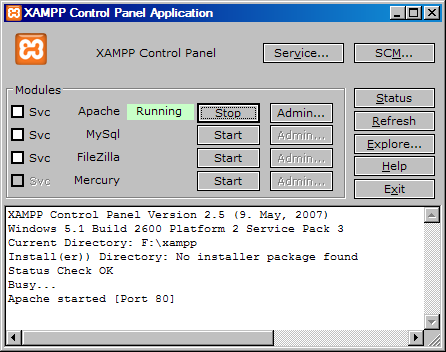 Screenshot showing the XAMPP control panel and Apache running